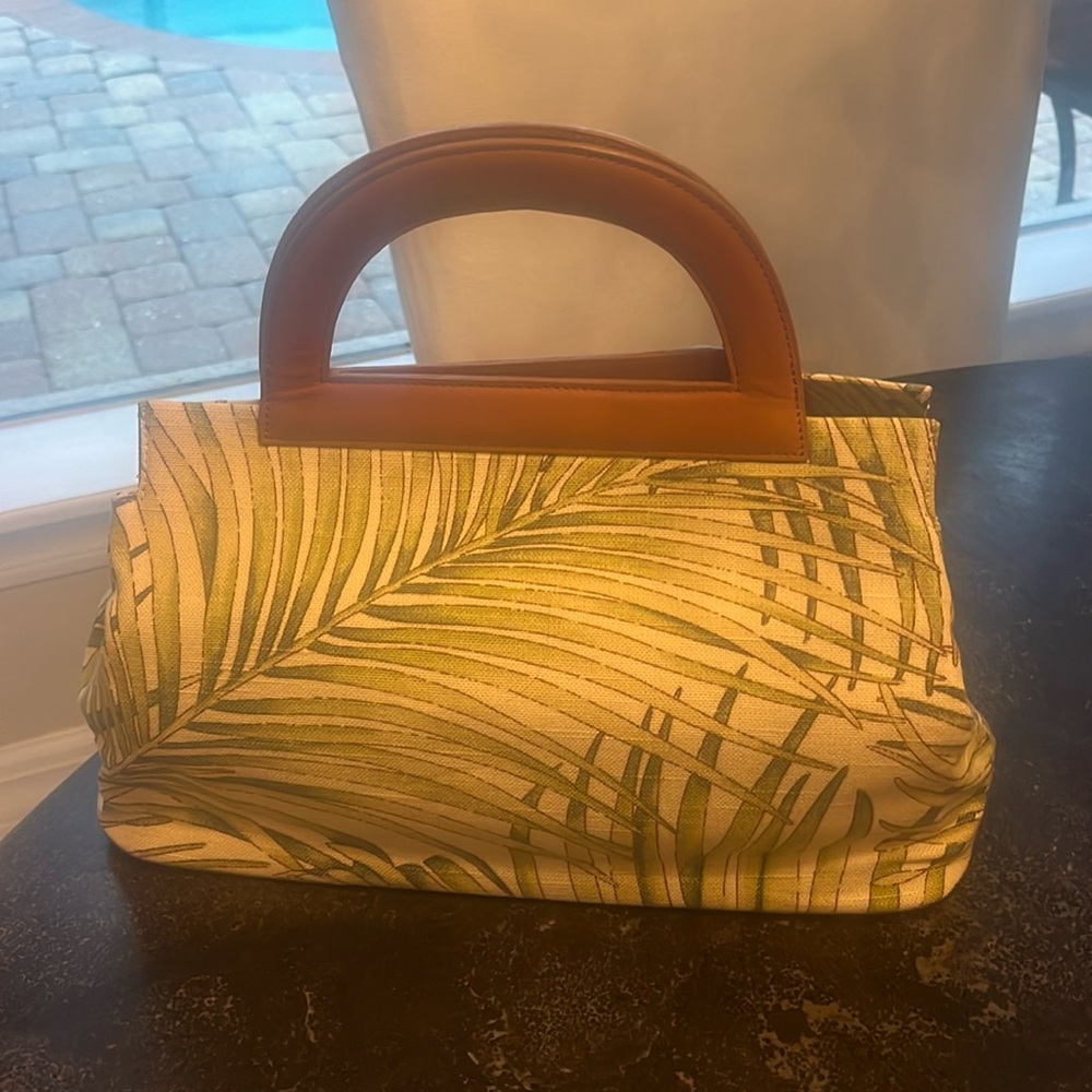 NWT Carolee cream and tan palm, fronds satchel Carmel colored handle